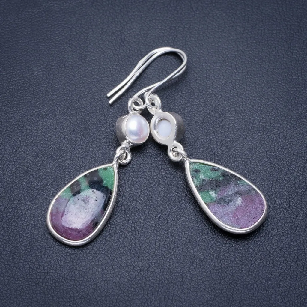 

Natural Ruby Zoisite and River Pearl Handmade Unique 925 Sterling Silver Earrings 2" A1417