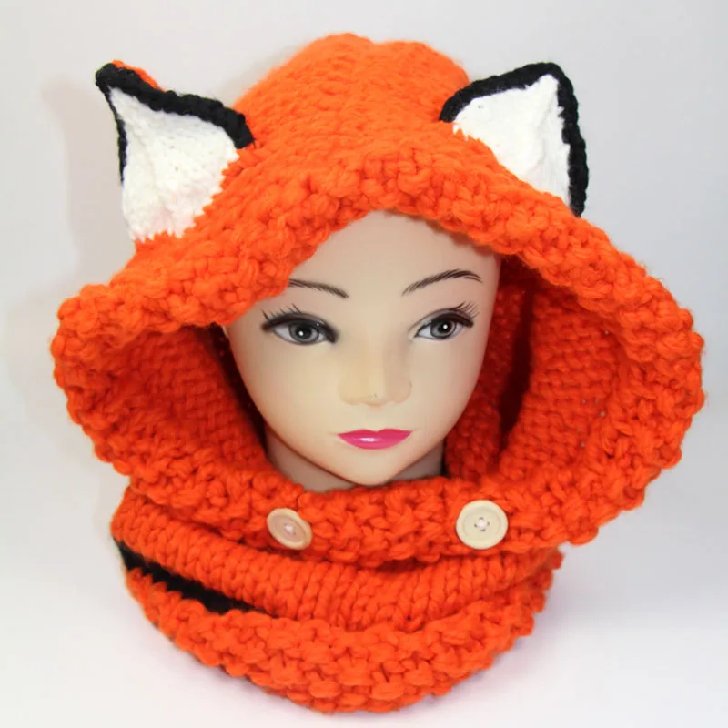 Новая мода мультфильм лиса шаль шляпа осень и зима теплый шерстяной трикотажный детский головной убор - Цвет: Orange