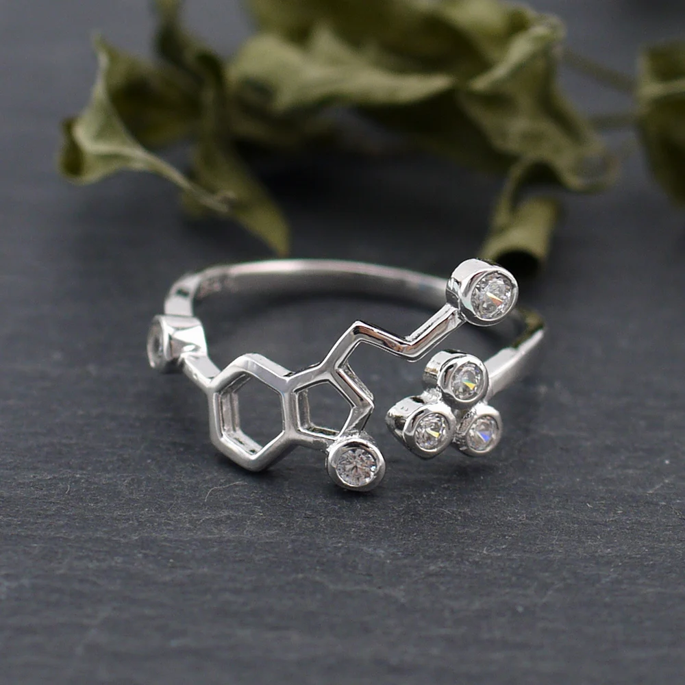 

925 Sterling Silver CZ MOLECULE Biochemistry Serotonin Adjustable Ring A3004