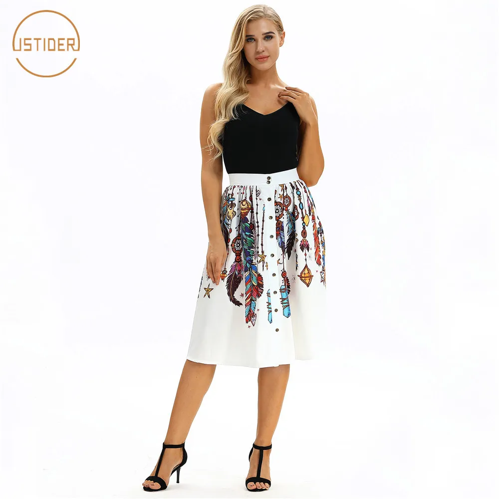 

ISTider Faldas Mujer Moda 2018 Summer Skirts Womens High Waist Pleated Button Skirts Indian Feather Wind Chime Retro 3D Skirts