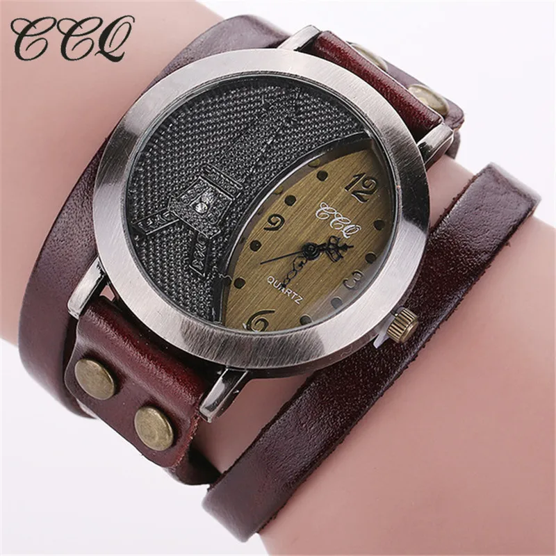 

CCQ Brand Vintage Tower Genuine Leather Bracelet Watch Casual Women Wristwatch Ladies Quartz Watch Relogio Feminino Clock 1292