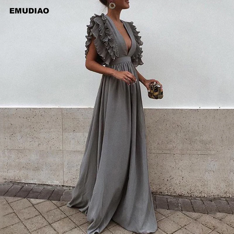 Элегантное Длинное Платье с v-образным вырезом оборками высокой талией женские