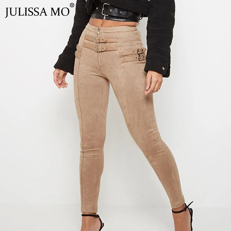 Julissa mo панк замшевые кожаные женские брюки с высокой талией осенние повседневные брюки карандаш с пряжкой на поясе черные облегающие леггинсы брюки