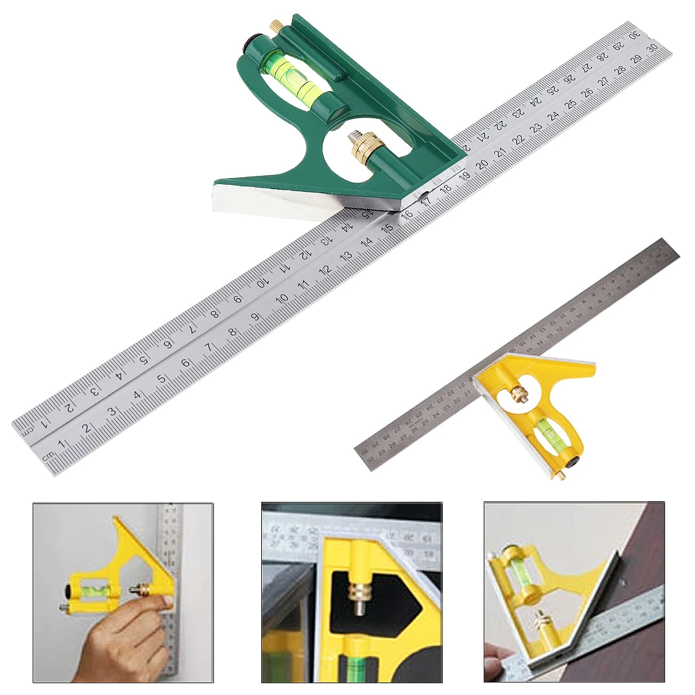 Akozon Combination Square Angle Ruler 300mm 45/90 Degree with Bubble Level Multi-Functional 