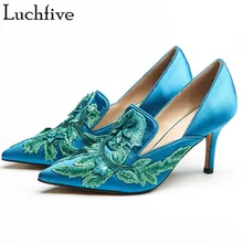 Multi-color satin velvet bridal pumps Pointed Toe 2018 embroidery flowers women shoes High quality high heels wedding stilettos