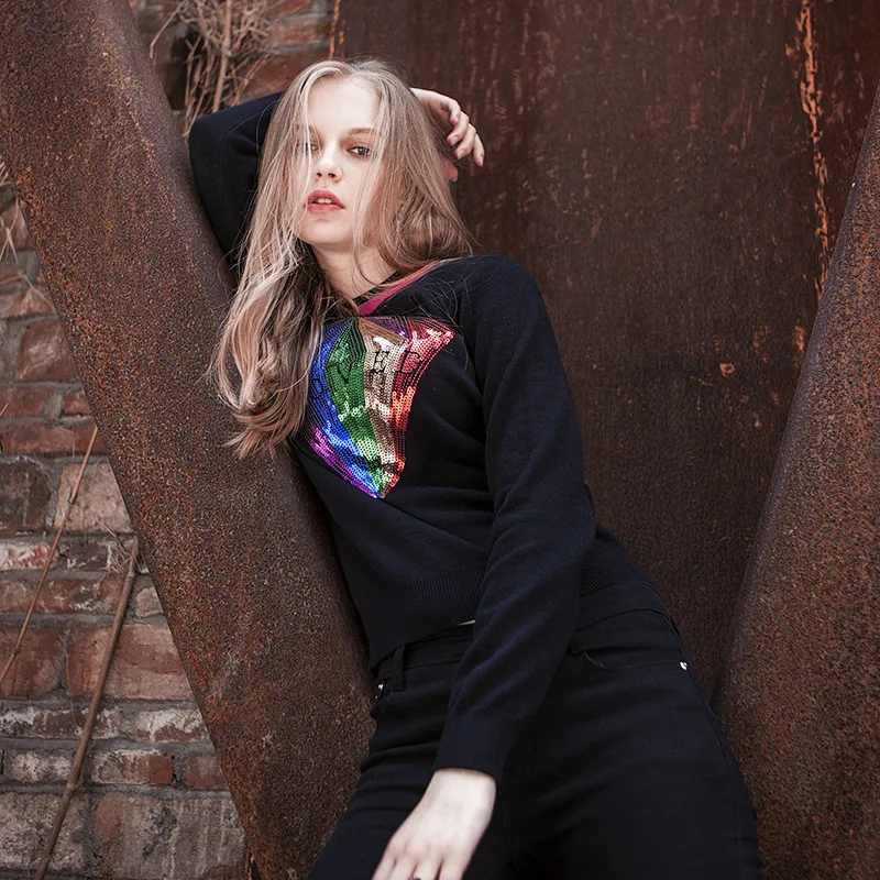 Western Style Thin Sweaters Women Round Collar Long-sleeved Sequins Wearing A Bottom Knitted Velvet Black Sweater Women 2019