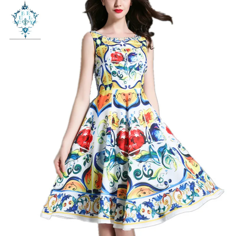 

CUERLY 2019 summer Women Sleeveless Retro Floral Printed O Neck Midi-ength Tank Dress A-Line Ladies Slim Big Swing Party Dresses
