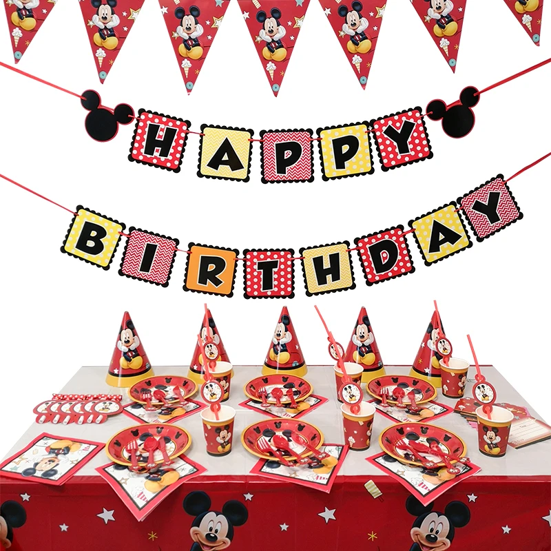 Красный Детский комплект для украшения дня рождения с изображением Микки из мультфильма; вечерние принадлежности для дня рождения