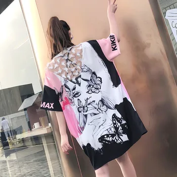 

2019 summer new large version of the T-shirt female color matching letter printing long short-sleeved one-piece casual T-shirt