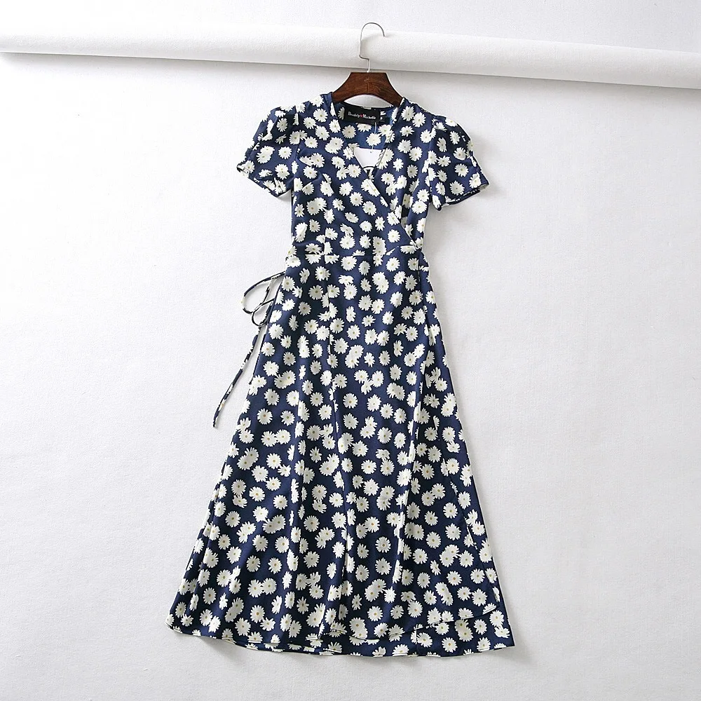 Летнее богемное винтажное платье в горошек с цветочным принтом, женское шифоновое пляжное платье с коротким рукавом, корейская мода, v-образный вырез, Вечерние Платья Миди - Цвет: 7