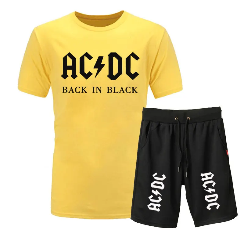 Новая брендовая одежда, AC/DC, Мужская футболка, Swag, футболка, хлопок, Мужская футболка и шорты, Homme, для фитнеса, Camisetas, хип-хоп, футболка, 2 предмета - Цвет: yellow black 2