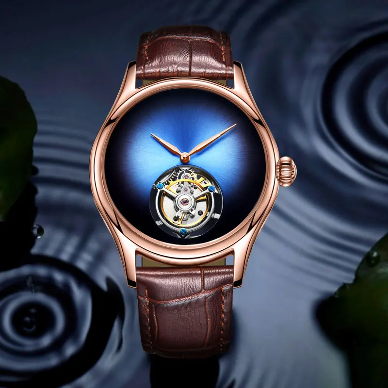 Копейка Tourbillon мужские часы Топ бренд оригинальные настоящие Tourbillon мужские водонепроницаемые механические наручные часы - Цвет: Rose gold blue