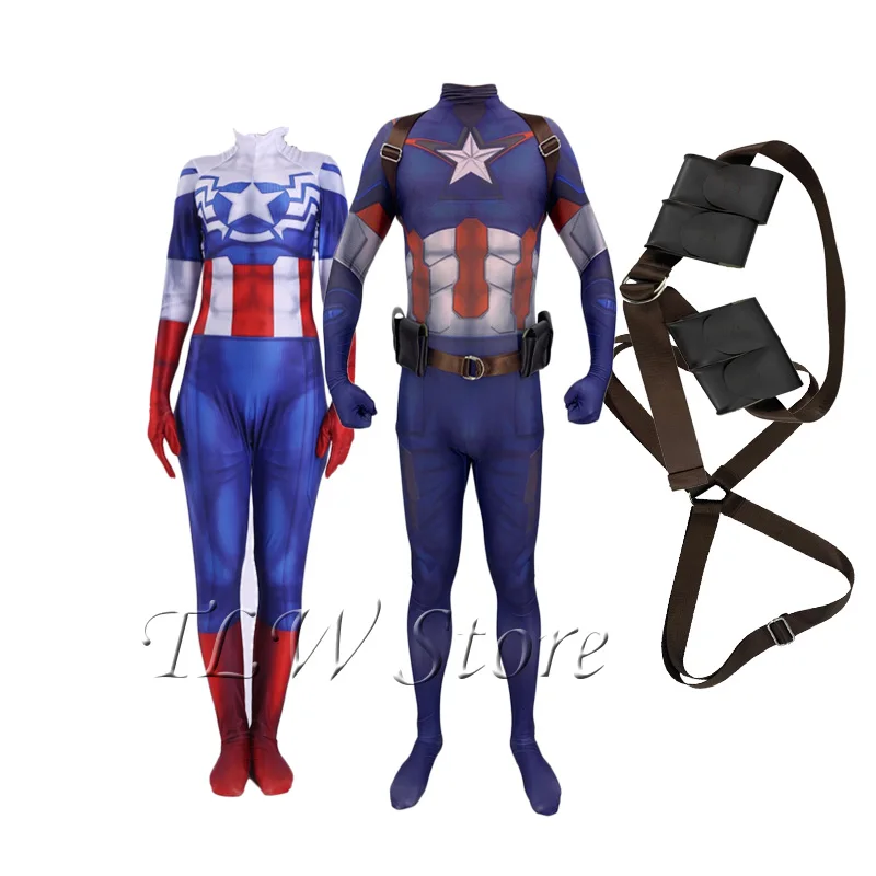 

Couple Adults Kids Avengers Endgame Captain America Cosplay Costumes Bodysuits 3D Printed Lycra Zentai Jumpsuits with Belt/Strap