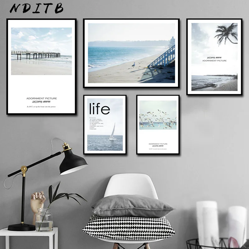 NDITB Scandinavian Sea Beach Coastal Canvas Art Poster Nordic Style Landscape Print Painting Wall Picture for Living Room | Дом и сад