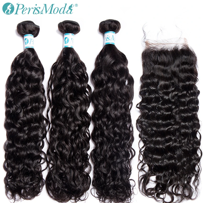 

PerisModa Hair Water Wave Bundles With Closure Peruvian Hair Weave Bundle 8"-28" Remy Human Hair 4 / 3 Bundles With Lace Closure