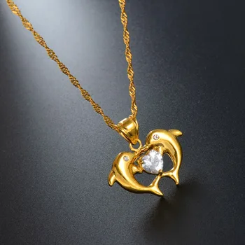 

Anniyo Heart Dolphins Pendant Necklaces for Women Gold Color Dolphin Jewelry With Rhinestone #056902