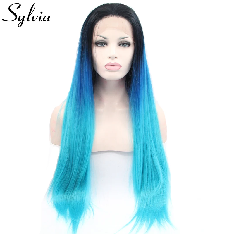 Us 45 99 Sylvia Dark Blue To Blue Ombre Silky Straight Synthetic Lace Front Wigs With Black Roots Natural Blue Heat Resistant Fiber In Synthetic