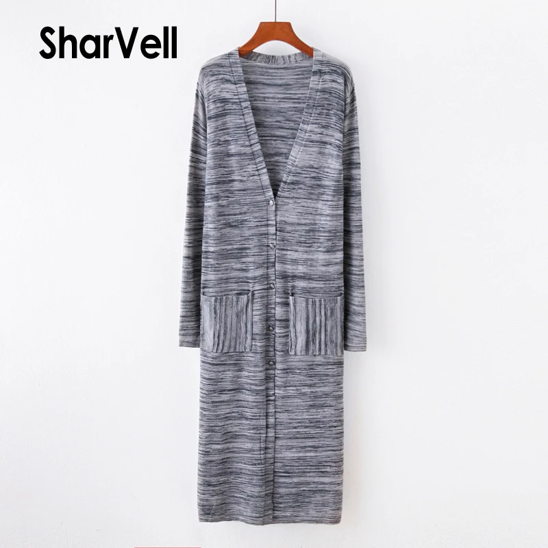 SharVell Women Sweater Striped Simple Single Breasted Knitted Windbreaker Long Cardigans Casual Pockets Deep V Neck Pull Femme Sweaters
