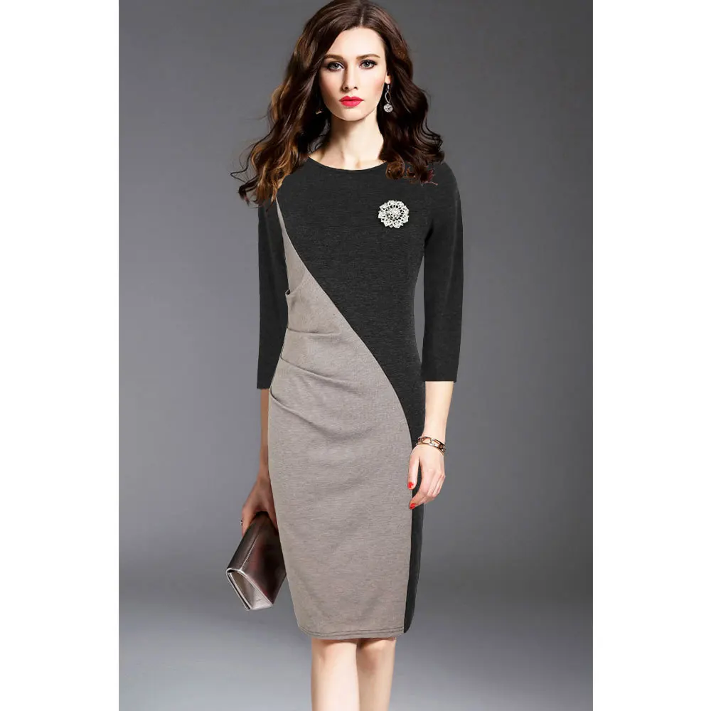 Women Elegant 3/4 Sleeves Ruched Working Dress Party Pinup Church