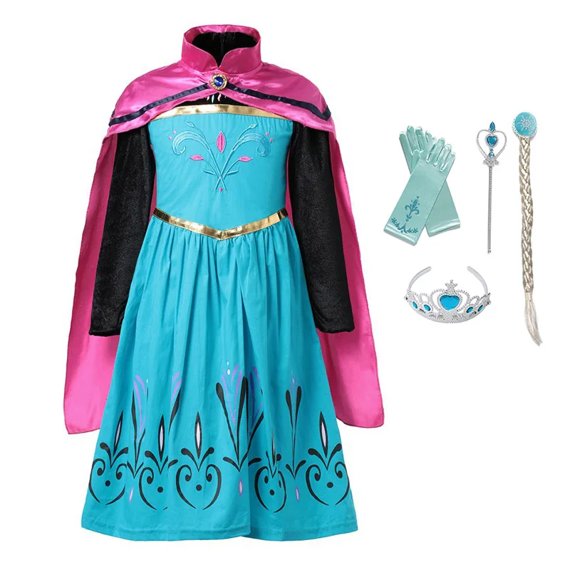 Маскарадный костюм Эльзы и Анны для маленьких девочек; Вечерние платья на Рождество и день рождения с накидкой; нарядное платье принцессы Снежной королевы с цветочной вышивкой - Цвет: Elsa Dress Set 2