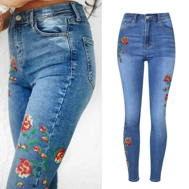 High Waist Slim Roses Embroidery Elasticity Skinny Jeans Women Fashion