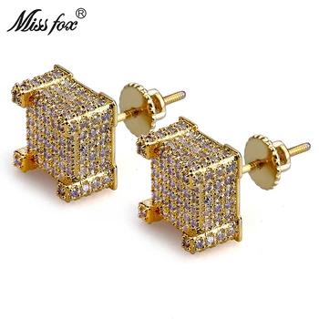 

MISSFOX Hiphop Men's Stud Earrings Luxury Brand 24K Gold Plated Personalized Jewelry Earrings Studs Piercing Male Earring Gifts