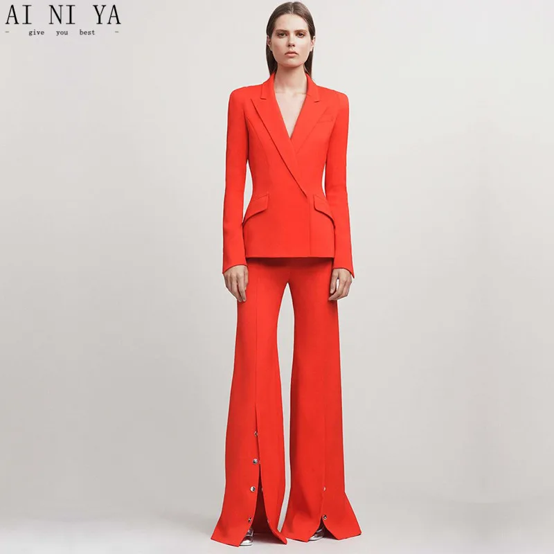 Jacket+Pants Red Women Business Suits Blazer Female Office