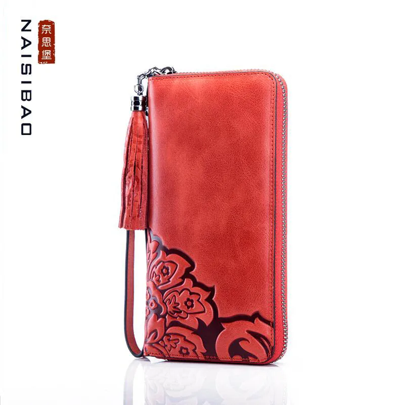 

NAISIBAO high quality fashion luxury brand 2018 new leather long section ladies first layer cowhide embossed retro large capacit