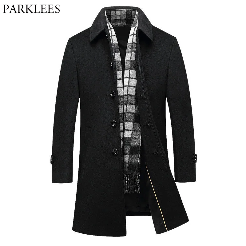 Black Long Wool Trench Coat Men 2018 Brand New Winter Men's Long Trench