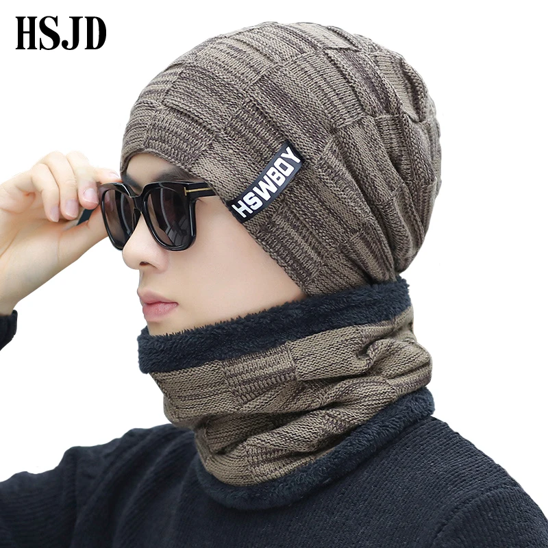 

Male Knitted Plaid Beanies Scarf Winter Stocking Hat Men Warm Add Velvet Hip Hop Hats Labeling Caps Skullies Neck Warmer Bonnet