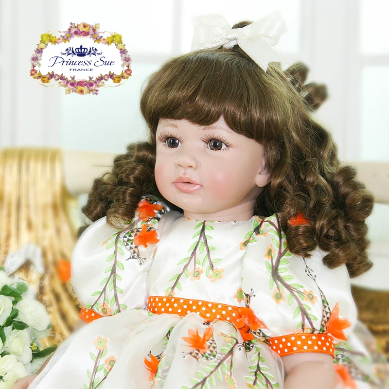 

Pursue 24"/60 cm Silicone Reborn Babies Toddler Girl With Curly Hair Cloth Body Vinyl Limbs Princess Dress Baby Doll Nursery Set