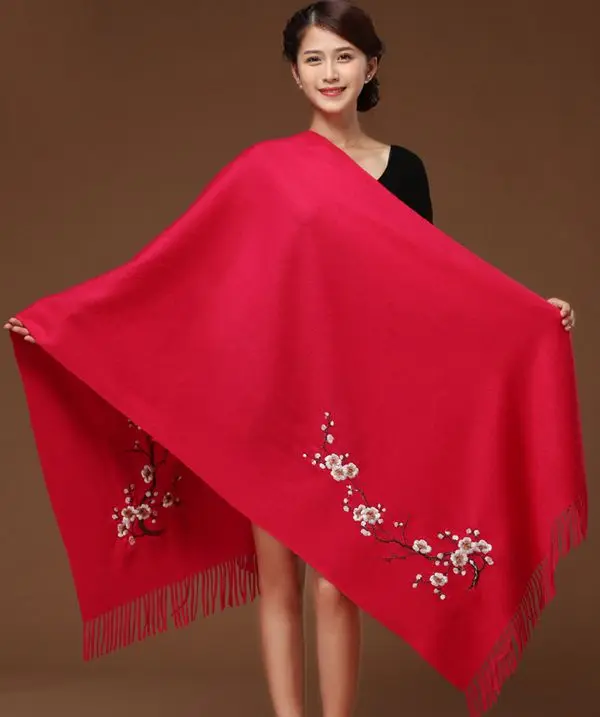 Женский модный кашемировый шарф в национальном стиле с вышивкой, элегантная длинная шаль с кисточками 200x70, Осенние Зимние теплые шарфы Пашмина из мягкой ткани - Цвет: rose red