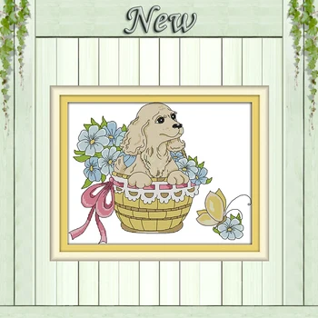 

Flower basket dog cartoon diy decor Painting Counted Printed on canvas DMC 14CT 11CT Cross Stitch Needlework Kits embroidery Set
