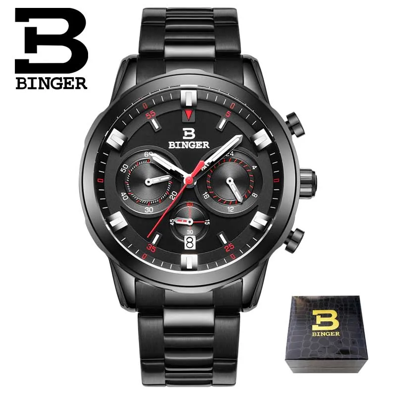 BINGER мужские роскошные часы, мужские спортивные часы с хронографом, мужские кварцевые наручные часы из натуральной кожи, водонепроницаемые B-9011G - Цвет: 10