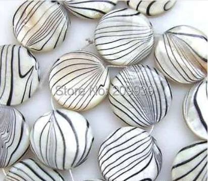 

White Stripe Shell 17-18mm Flat Round Beads 15" 5pc