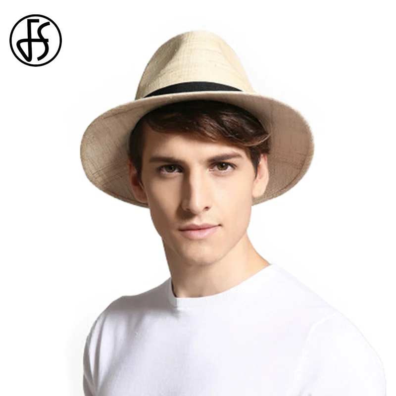 FS Wide Brim Sun Hats For Men Fashion Beach Panama Straw Hat Visor Summer Hat Bowler Male