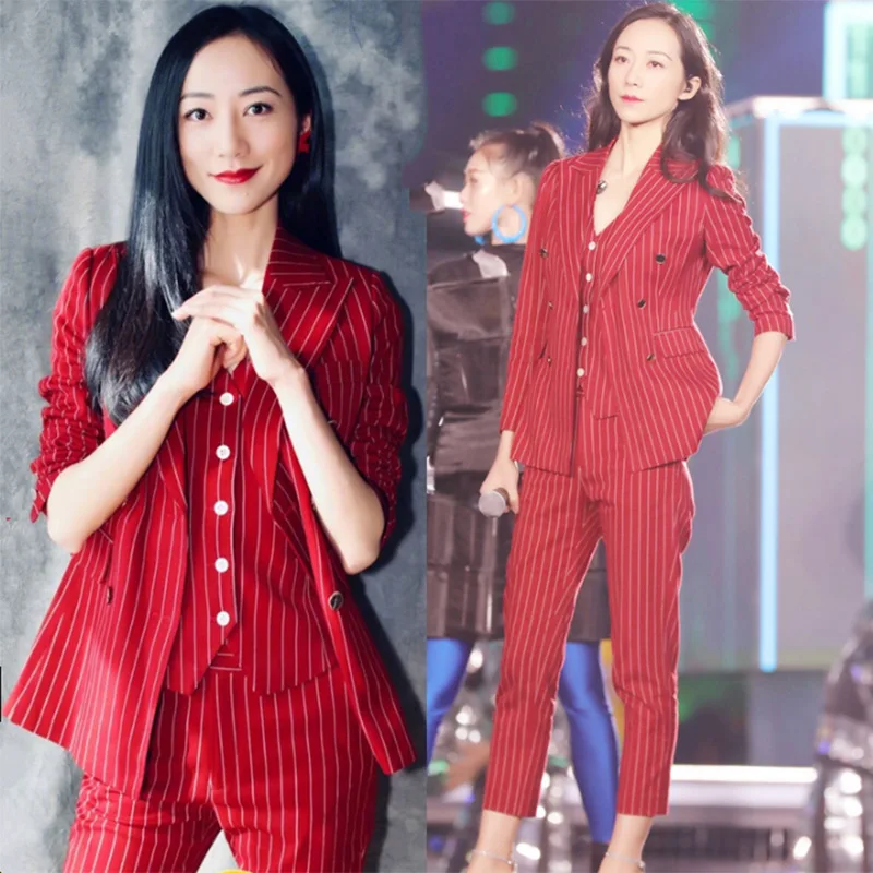 Lente Herfst Vrouwen Gestreepte 3 Stuks Set Vrouwen OL Double Breasted Blazer Jas + Vest + Enkellange Broek Pak set Rode Y228 Lente Herfst Vrouwen Gestreepte 3 Stuks Set Vrouwen OL Double Breasted Blazer Jas + Vest + Enkellange Broek Pak set Rode Y228