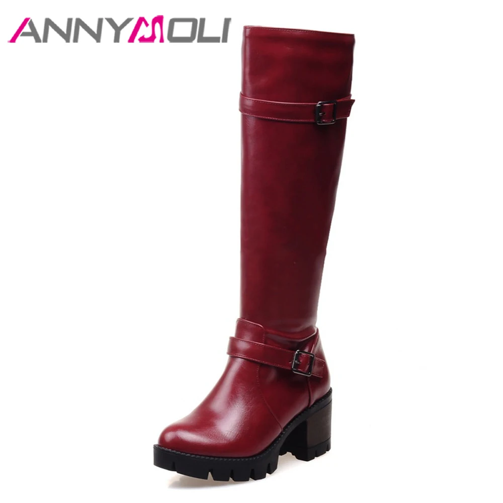 

ANNYMOLI Knee High Boots Winter Women Boots Buckle Thick Heel Tall Boots Zipper High Heel Shoes Female New Red Large Size 33-43