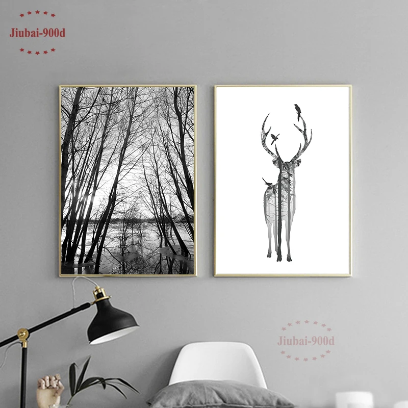 В скандинавском стиле Лес холст живопись плакат, олень настенные картины для гостиной, плакаты и принты Настенный декор BW001