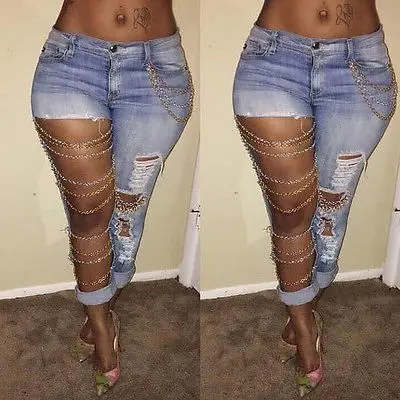 

Fashion Women Jeans Sexy Destroyed Ripped Distressed Chain Denim Pants Jeans Trousers