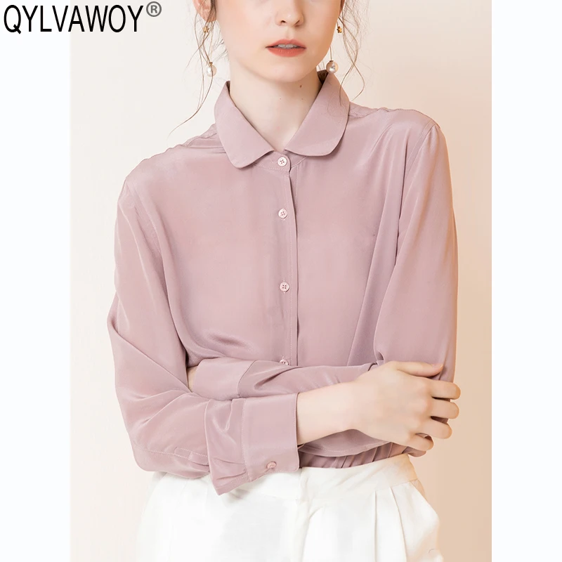Women's Shirt 100% Silk Vintage Office Blouse Women Blouses 2019 Korean Pink Blouse Women Tops Shirts Camisas Mujer CS1714