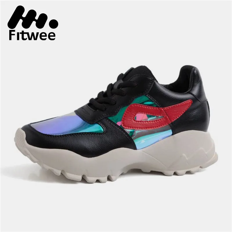 

FitWee Running Shoes Women Genuine Leather Wedges Sneakers Casual Bling Platform Sports Footwear Women Outdoor Walk Size 35-42