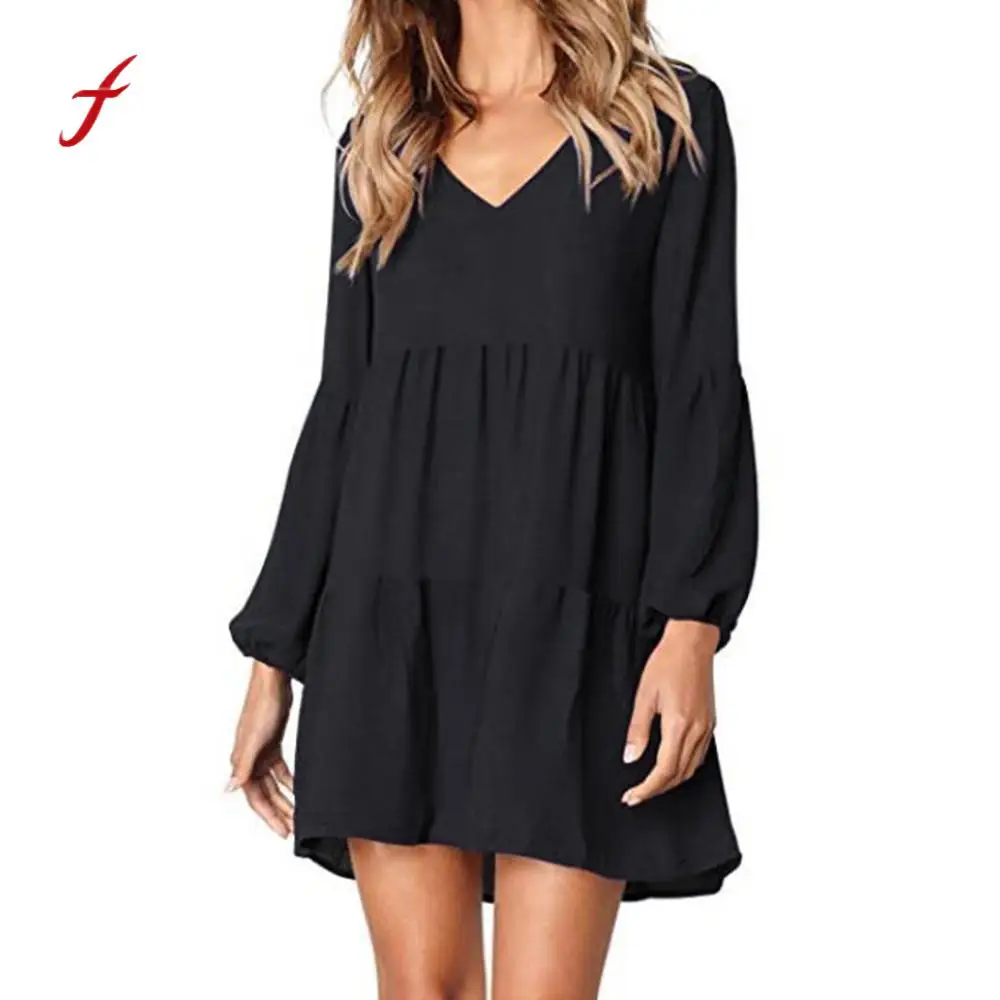 

Fashion Women Solid Lantern Long Sleeve V-Neck Draped Knee-Length Dress Black Slim Soft Touch Dresses Summer New Arrival 2019