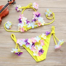 Цветочный купальный костюм для девочек Новинка года, летний купальник с открытыми плечами, комплект бикини, милый детский купальный костюм с цветочным принтом Пляжная одежда