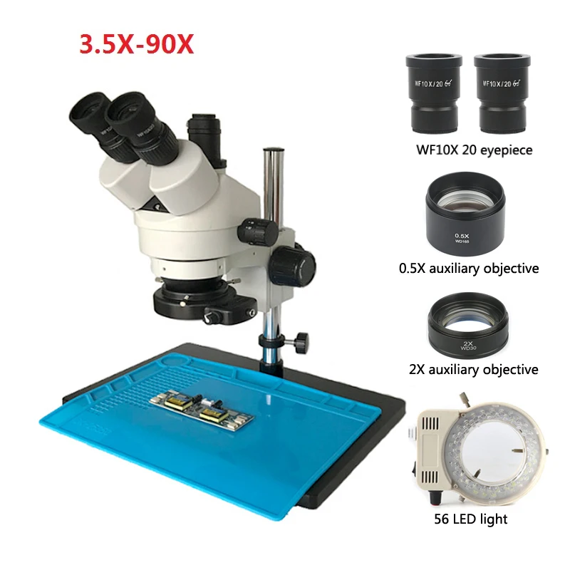 

Trinocular microscope 3.5X-90X industrial continuous microscope combination + 0.5X 2X objective lens tool + 56 LED ring light