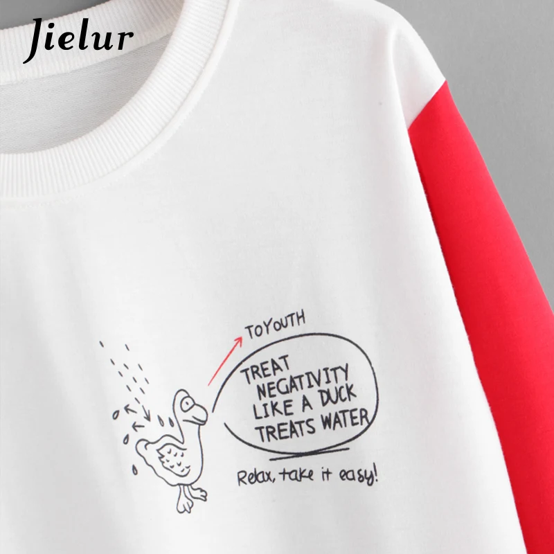 Jielur Autumn Chic New Funny Cartoon Letter Printed White Sweatshirt Women Casual Fashion Spell Color Hoodies Female Moletom S-L Hoodies
