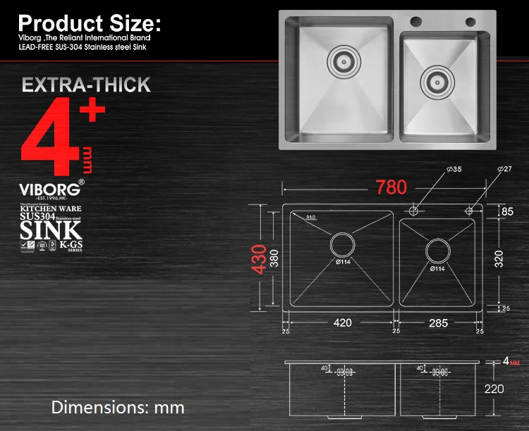 780x430x220 мм) VIBORG Deluxe ручная работа сверхтолстая 304 нержавеющая сталь Верхнее Крепление Двойная чаша кухонная раковина