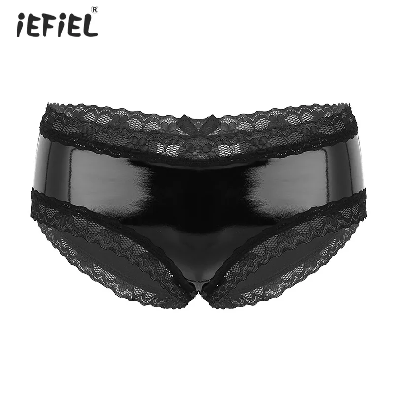 

Womens Sissy Lingerie Sexy Panties Latex Wet Look Faux Leather Briefs Tanga Cut Out Back Low Rise Erotic Mini Briefs Underwear