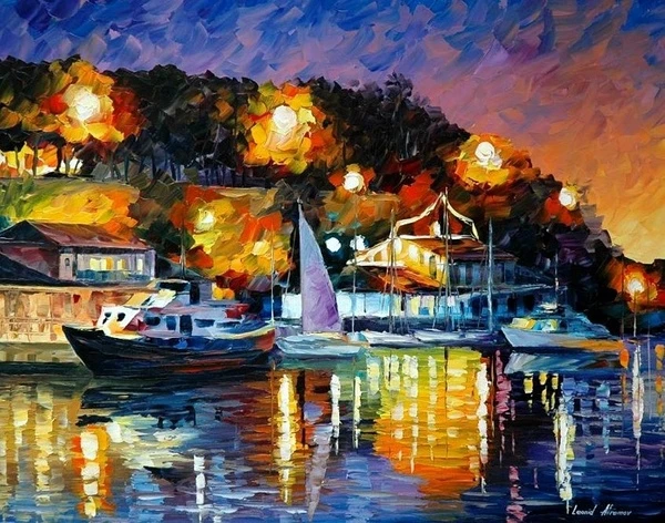 CS-1014 cross stitch kit port at night harbour sailing ship painting.jpg