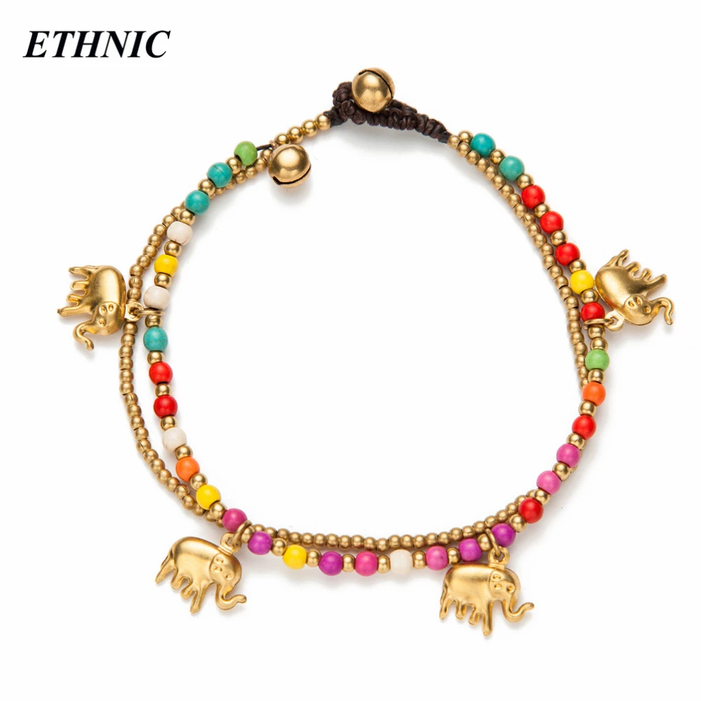 

ETHNIC Summer Elephant Charm Colorful Beads Anklets Two Layers for Women Beach Fashion Handmade Ankle Bracelet Chain On Foot